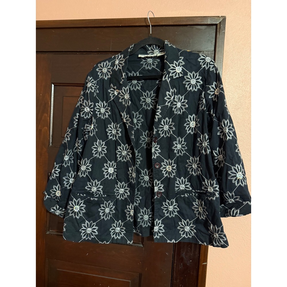 Cathy Daniels Black Cotton Embroidered Floral Sequin Blazer Jacket Womens Medium